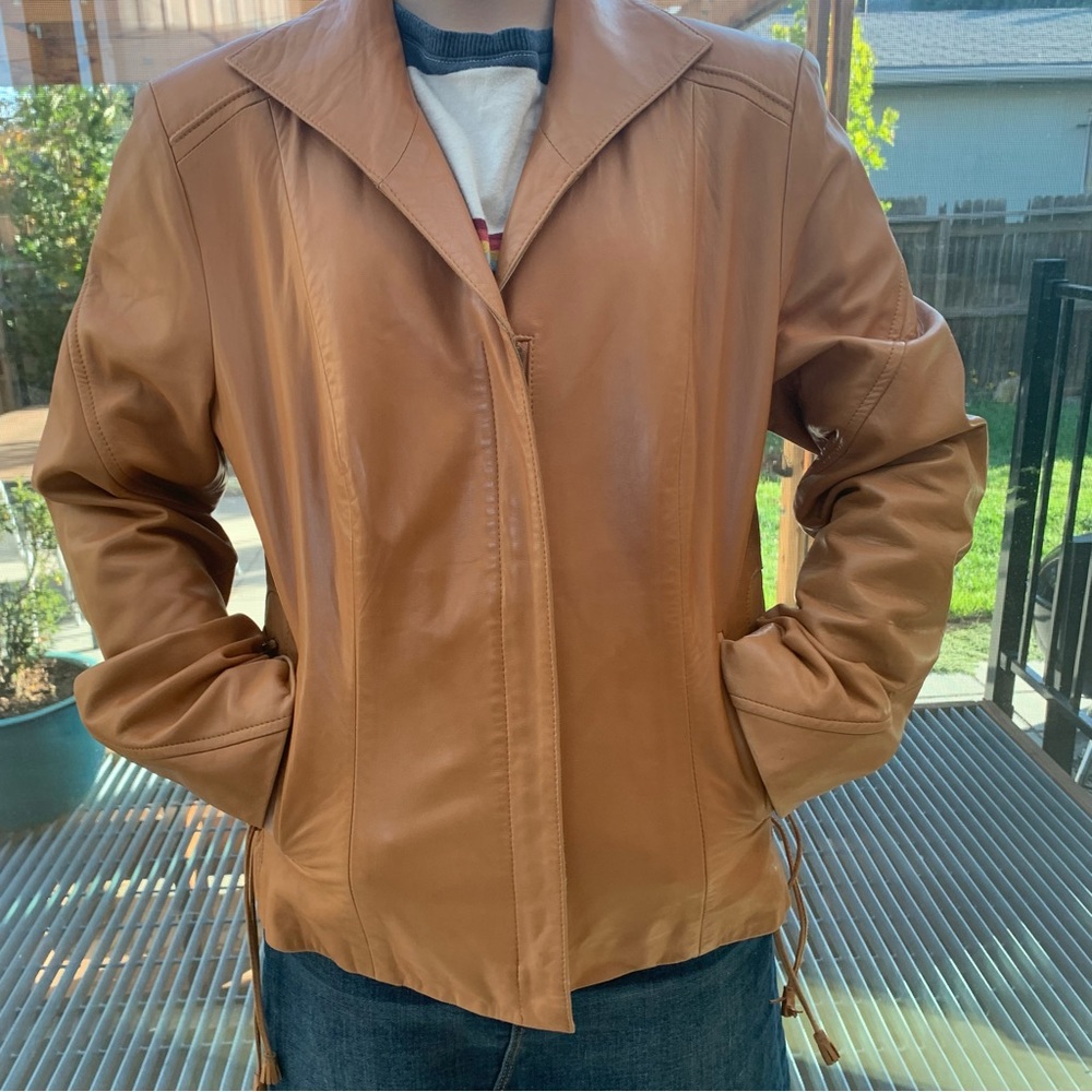 Cole Haan Lambskin Braided Side Tassel Leather Hazelnut Zip Jacket M
